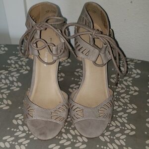 CL by Laundry Tan Heeled Sandals with Ankle Wrap